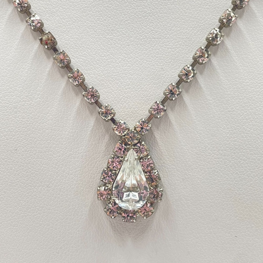 Vintage Silver Tone Pink Rhinestone Teardrop Pendant Tennis Chain Necklace